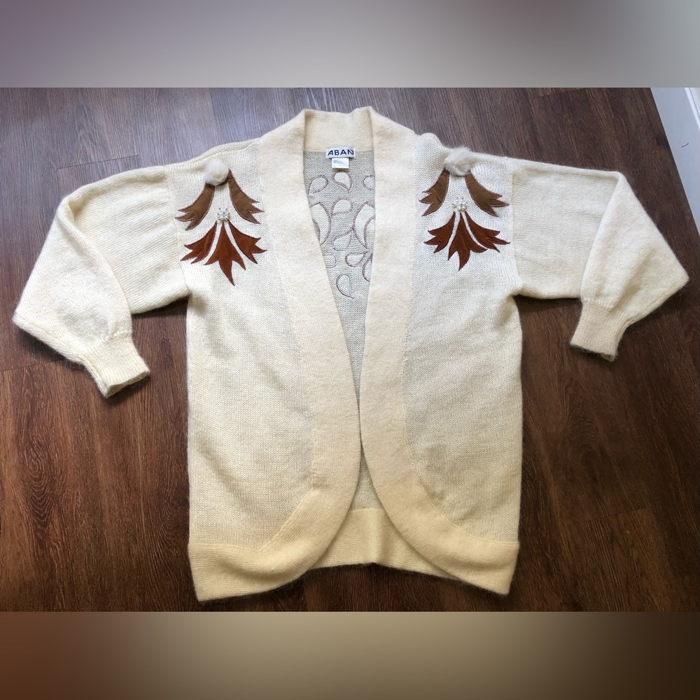 Vintage 80s Funky Mohair Blend Oversized Open Cardigan Sweater Beads Suede 1/2X